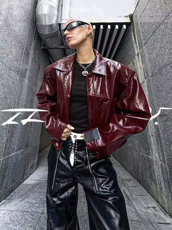 Lautaro automne Cool court surdimensionné veste en cuir Pu femmes épaulettes fermeture éclair de hau