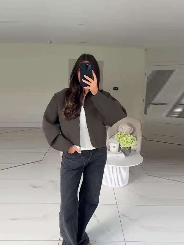Veste courte Vintage à col montant pour femme, manteau ample et chaud avec fermeture éclair, manches