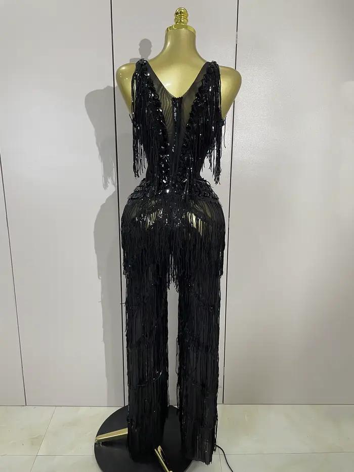 Combinaison à franges et paillettes pour femmes, strass noirs scintillants, tenue Sexy pour boîte de