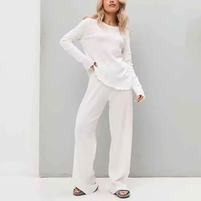 Ensemble pyjama élégant à manches longues pour femmes, 2 pièces, en coton doux, vêtements de maison