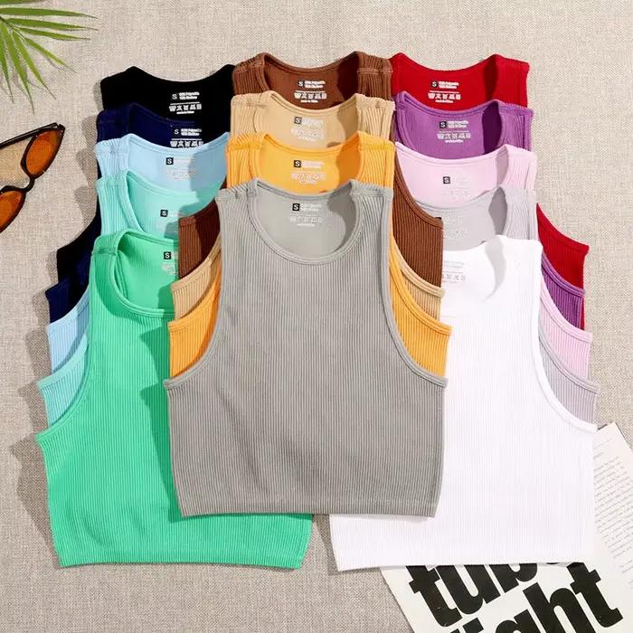 Haut court en tricot côtelé élastique pour femme, Économie basiques monochromes, Streetwear sans cou