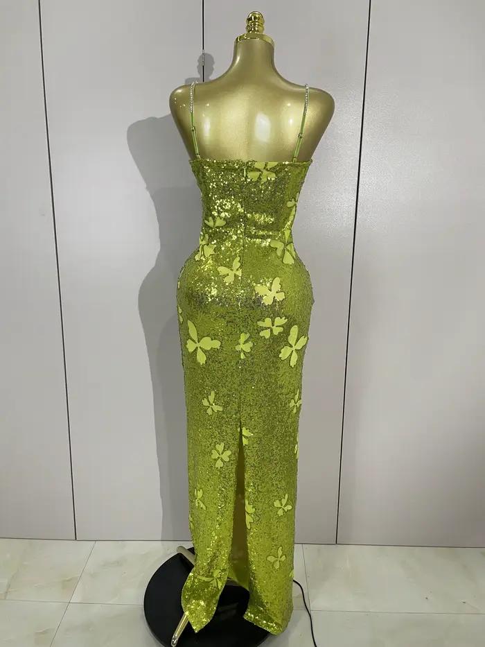 Élégant brillant papillon cristal Sexy licou vert moulante longue robe femmes célébrer soirée fête d