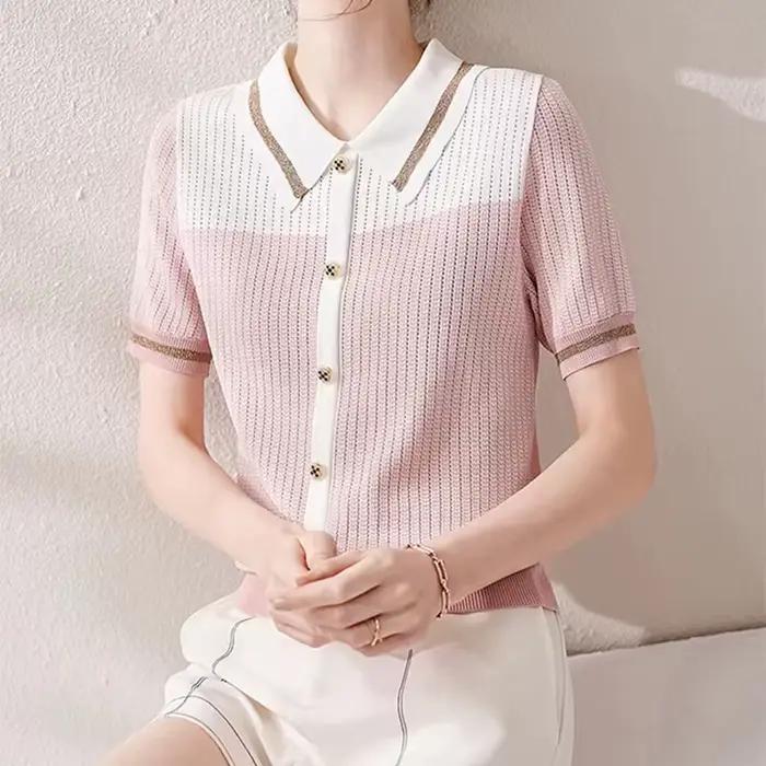 T-shirt manches courtes col rabattu femme, estival et décontracté, 2024