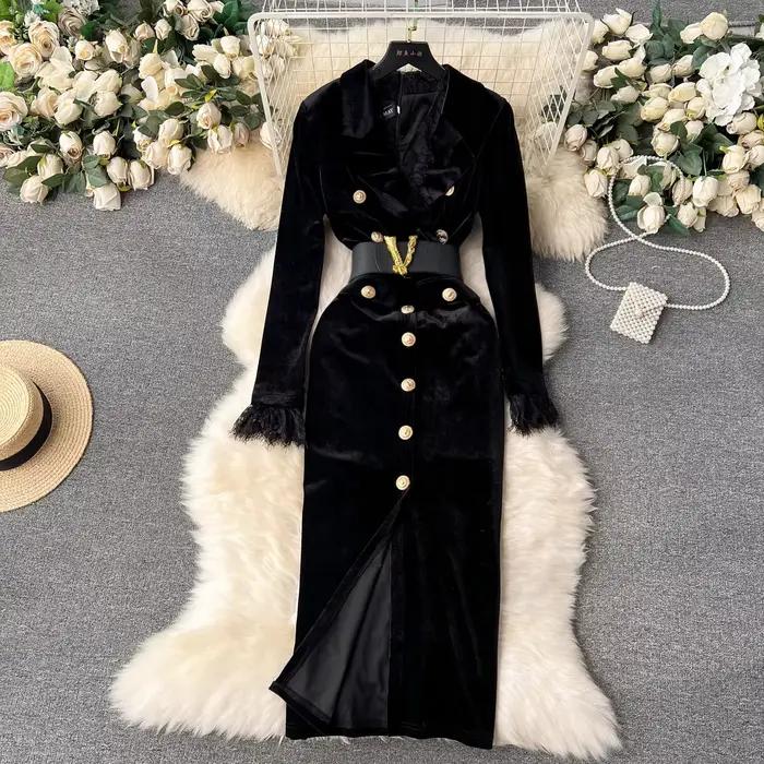 Robe en velours pour femmes, élégante, col en v, manches longues, mode, boutons moyens, gaine fendue