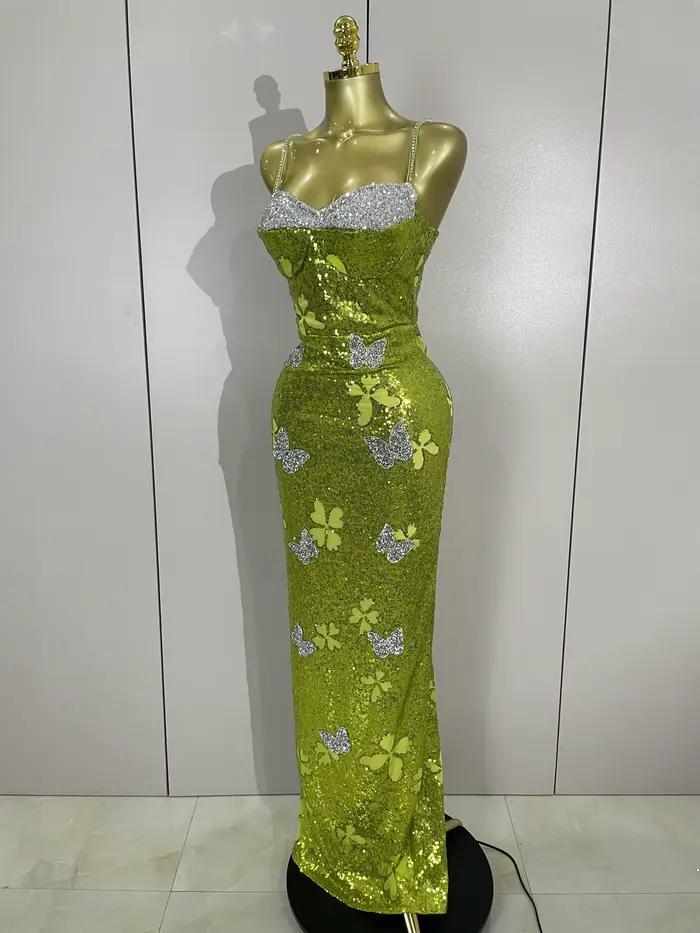 Élégant brillant papillon cristal Sexy licou vert moulante longue robe femmes célébrer soirée fête d