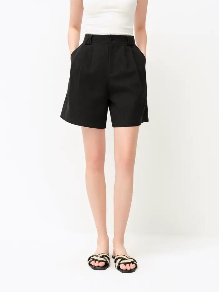 Shorts décontractés classiques en mélange de lin pour femme FSLE 2026 - Couleur unie, coupe régulièr