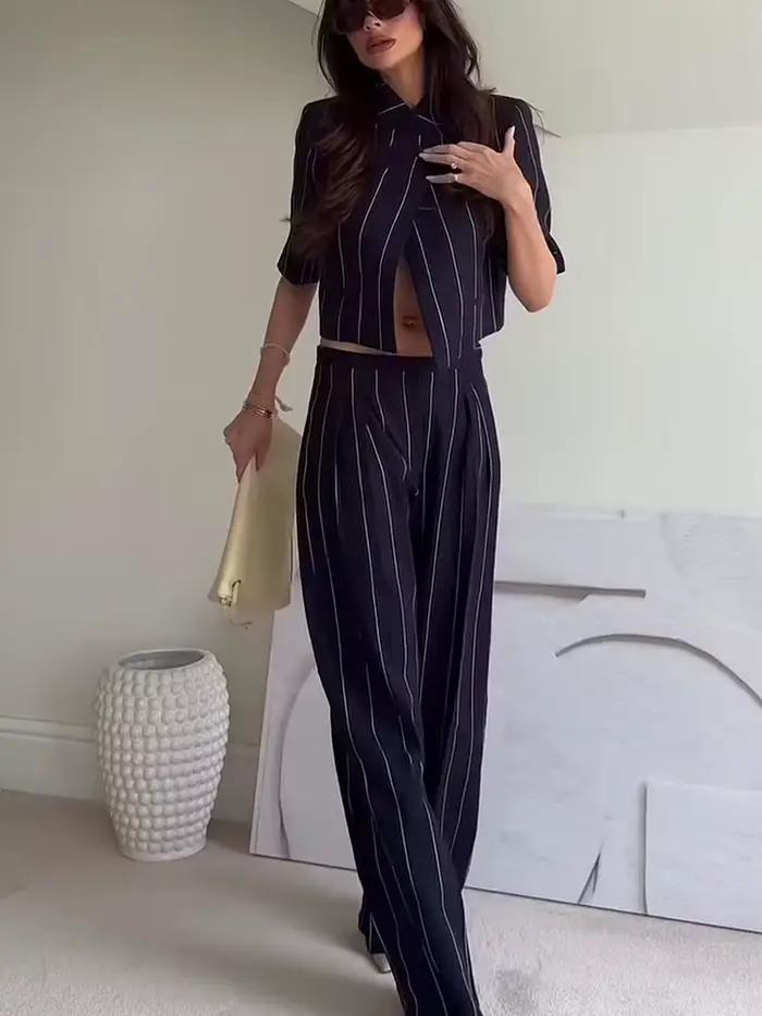 TFMLN Ensemble deux pièces élégant pour femme, pantalon à rayures imprimées, style décontracté et ch