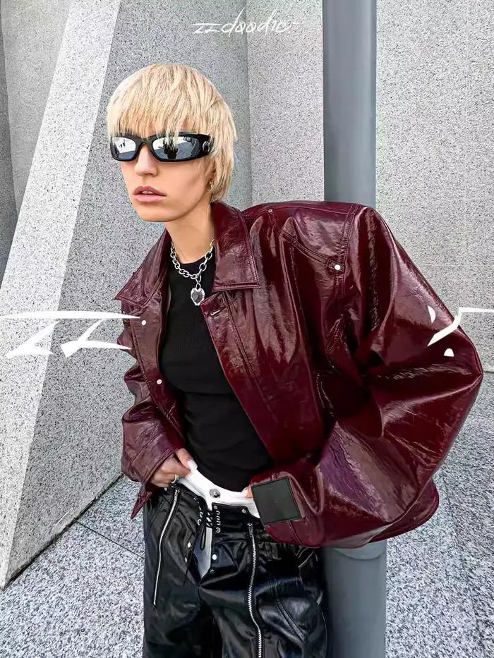 Lautaro automne Cool court surdimensionné veste en cuir Pu femmes épaulettes fermeture éclair de hau