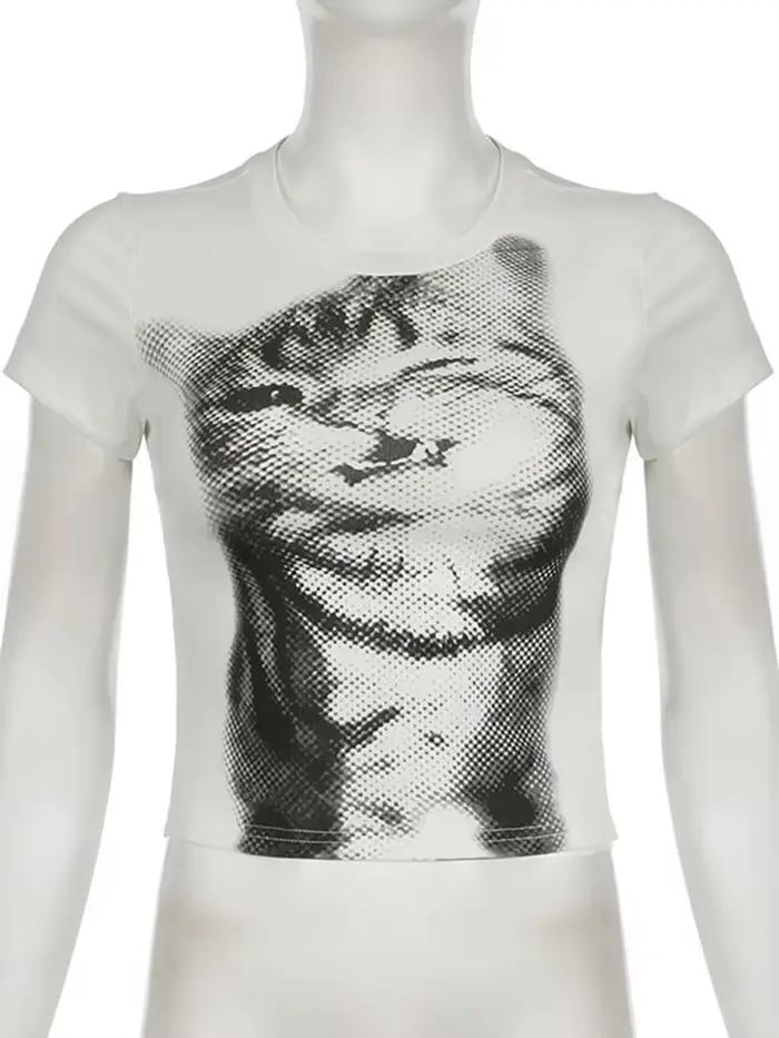 Harajuku Animal imprimé haut court basique blanc à manches courtes col rond T-shirt femmes décontrac