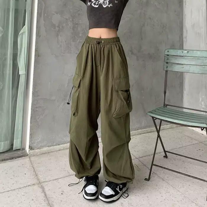 Pantalon Cargo Baggy décontracté pour femmes, couleur unie, taille basse, jogging, Tech, cordon de s