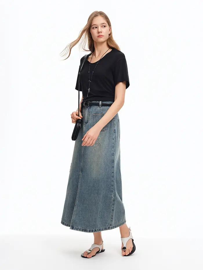 DUSHU 2026 Nouvelle Jupe Midi en Jean Brodé Étoile de Mer pour Femme, Jupe Longue Vintage Coupe Trap