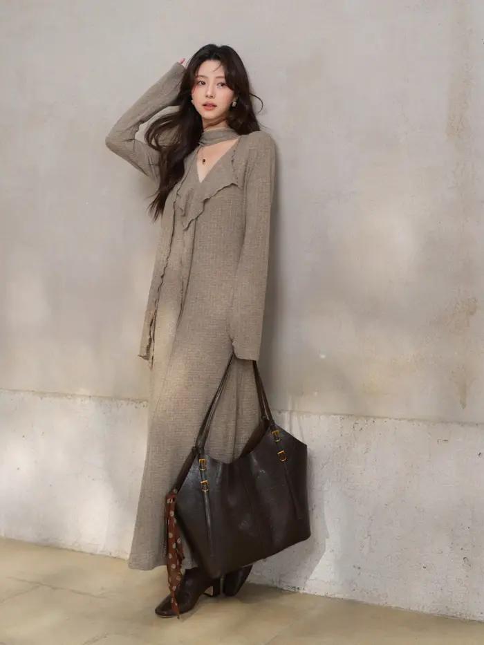 Robe française élégante en tricot, col en v, manches longues, élastique, Maxi, Design asymétrique, r