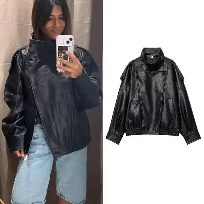 TFMLN – vestes Chic en Faux cuir noir pour femme, manteaux surdimensionnés élastiques à manches long