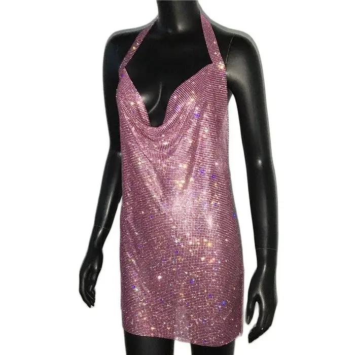 Robe dos nu en strass scintillants, Sexy, décolleté en V profond, sans manches, fendue sur le côté,