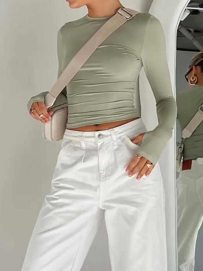 Mode femmes T-shirt à manches longues col rond solide coupe ajustée dames haut court avec trous pour