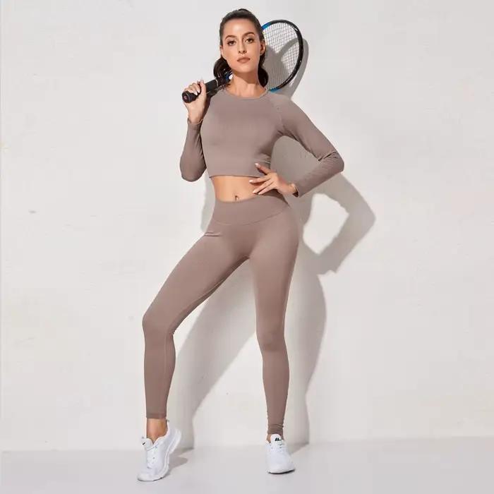 WAREBALL Ensemble de Vêtements de Yoga, Legging, Brassière et Haut à Manches longues, Sans Couture,