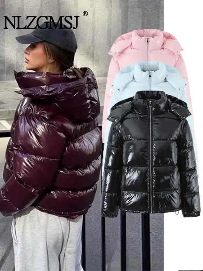 Nlzgmsj – veste à Surface brillante pour femme, nouvelle mode, col montant, manches longues, fermetu