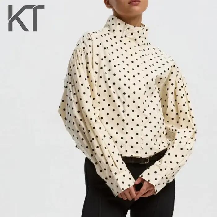 Veste bomber élégante vintage à pois surdimensionnée pour femmes, manches bouffantes, fermeture écla