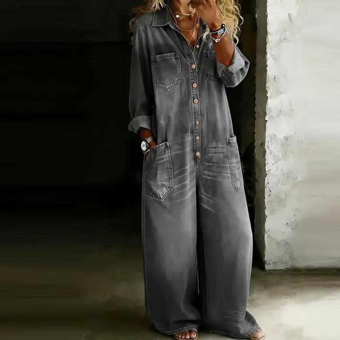 Combinaison longue décontractée en jean pour femme, à col rabattu, manches longues, coupe ample, uni