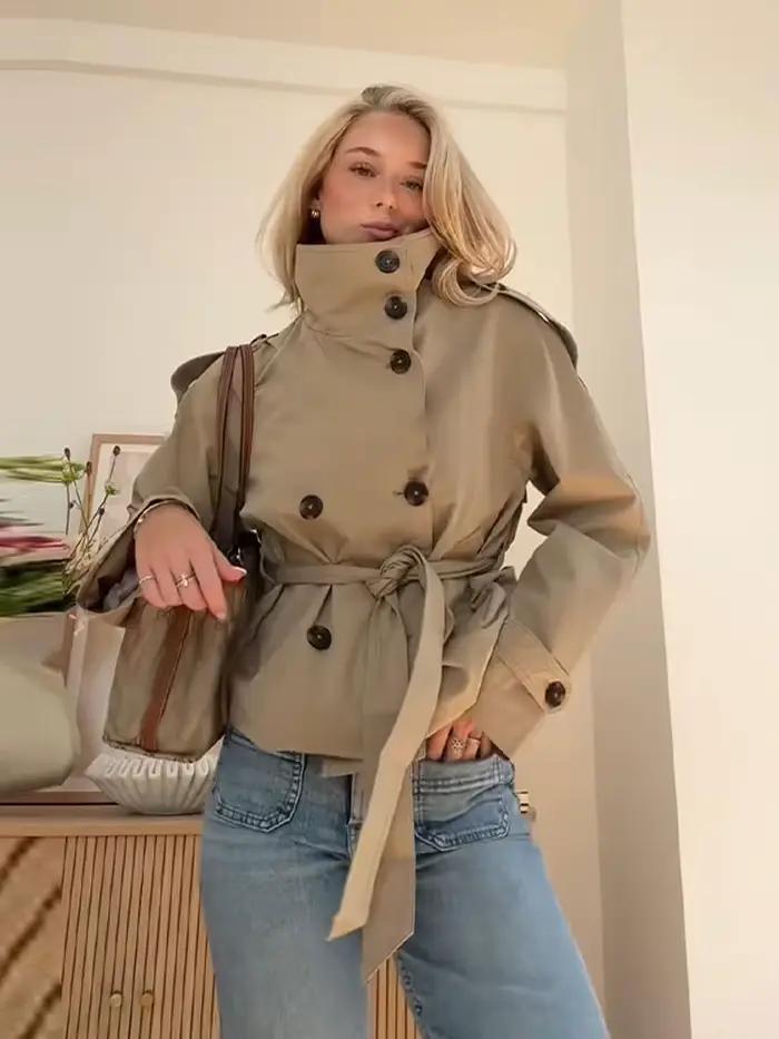 Manteau Trench Élégant pour Femme à Lacets, Manches Longues, Double Boutonnage, Col Montant, Veste K