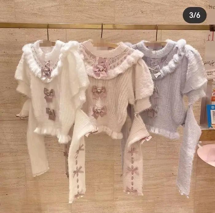 Style japonais mignon doux détachable nœud papillon fourrure manches longues mince pull automne et h