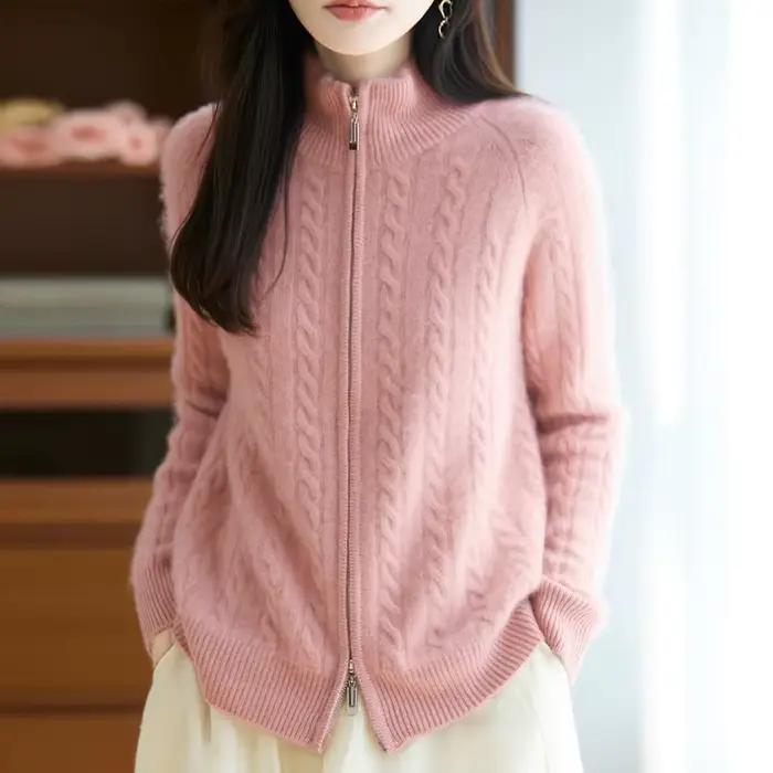 Cardigan 100% laine mérinos avec fermeture éclair pour femme, pull à câble épais, tricot chaud, vête