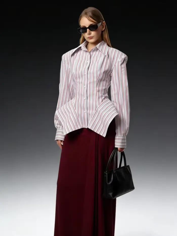 Chemisier rayé élégant DFDG pour femme, collection Printemps-Été 2026, col pointu, manches longues,