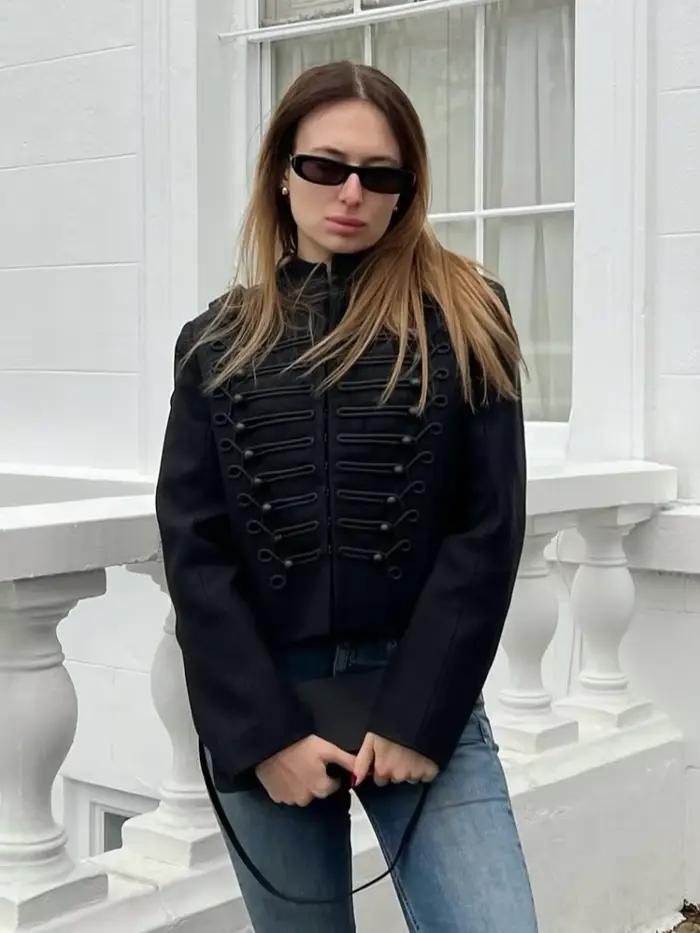 Veste Napoléon Chic pour Femme à Manches Longues, Col Montant et Boutons Cachés – Manteau Féminin Te