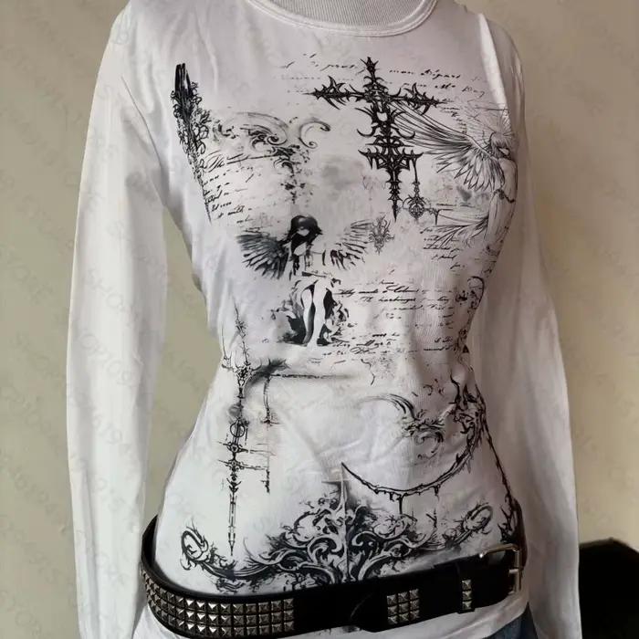 Y2k style esthétique doux et sexy haut à manches longues pour femmes décontracté gothique punk impri