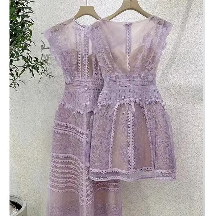 Robe de Luxe en Dentelle Violette pour Femme, Tenue Vintage Brodée de Fleurs, Col Rond, Élégante, Ta