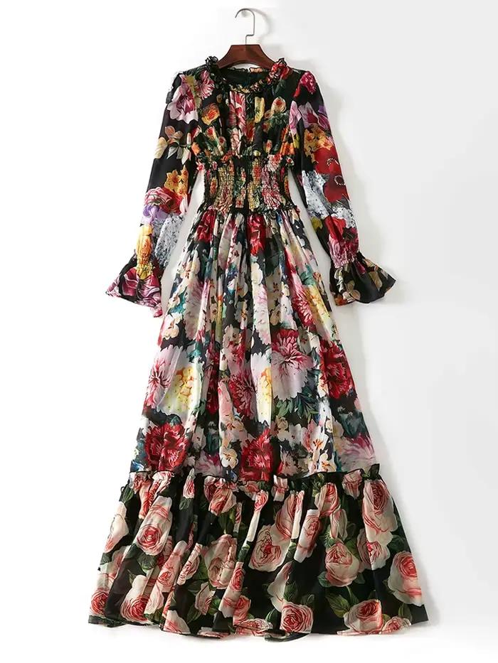 Robe d'été élégante en mousseline de soie pour femmes, imprimé floral, manches longues, col à volant