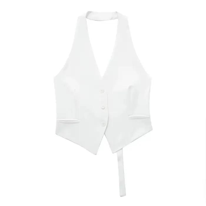 MUJER épaules dénudées gilet sans manches femmes noir blanc recadrée gilet femme mode dos nu col en
