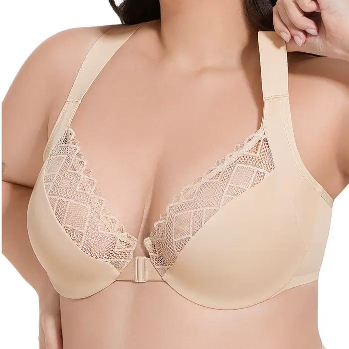 Soutien-gorge Sexy en dentelle pour femmes, fermeture frontale, maille métallique, grande poitrine,