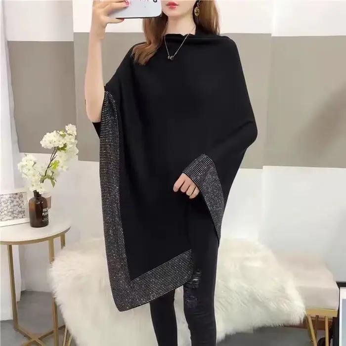 Nouvelle collection Printemps 2026 : Cape pull poncho en tricot de laine de luxe ornée de diamants,