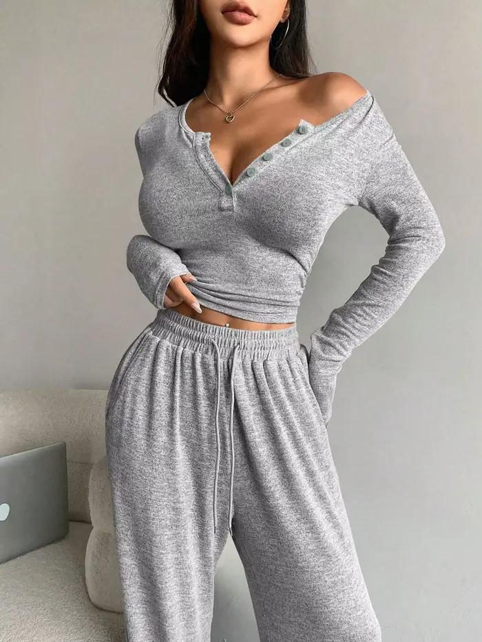 Pyjama Sexy moulant pour femmes, col en v, manches longues, cordon de serrage, pantalon Long, ensemb