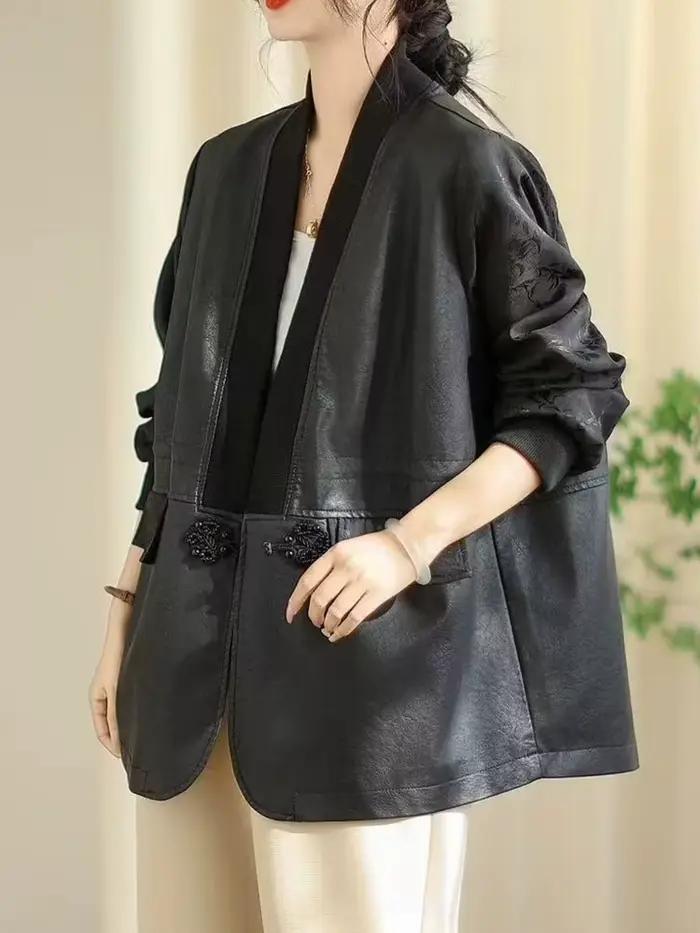 Amax LuluE chinois 2025 automne dames mode Patchwork Faux cuir vestes femmes ample col en V PU mante