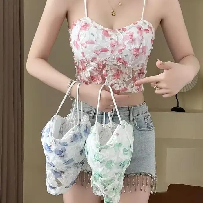 Crop top en dentelle pour femme, motif floral rose, soutien-gorge tube en maille, soutien-gorge dos nu, caraco sans couture avec coussinets de poitrine, débardeur sexy, lingerie douce