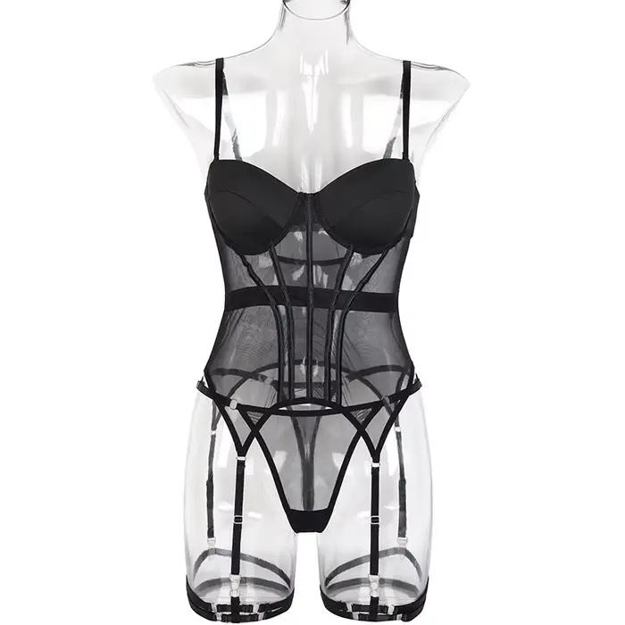 MUZISKAT maille Lingerie marque de luxe body dos nu hauts pour femmes 3 pièces ensemble de Lingerie avec jarretière robes sexy pour les femmes
