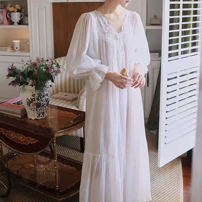 Chemise de nuit en dentelle française sexy à col en V, chemise de nuit blanche, chemise de nuit longue vintage, manches courtes, chemise de nuit en coton, nickel é Scottsdale, été