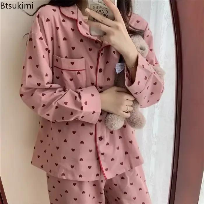 Pyjama doux grande taille pour femme, pantalon à manches longues, vêtements de maison, vêtements de nuit deux pièces, imprimé cœur de pêche, fouet senior, printemps, automne