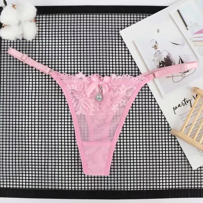 Culotte en dentelle avec pendentif perle pour femme, string G brodé, slip en T, sous-vêtement réglable, lingerie sexy pour femme