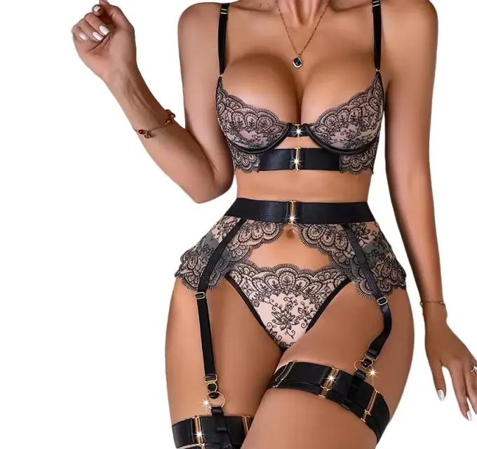Onlyfan – ensemble érotique transparent brodé en dentelle de cils, Lingerie façonnant le corps, ensemble quatre pièces pour femmes, nouvelle collection 2024