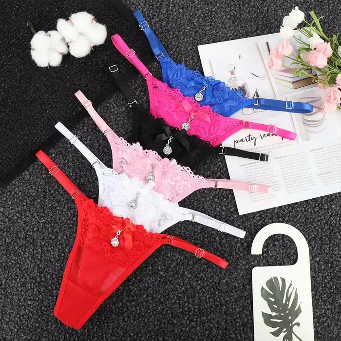 Culotte en dentelle avec pendentif perle pour femme, string G brodé, slip en T, sous-vêtement réglable, lingerie sexy pour femme