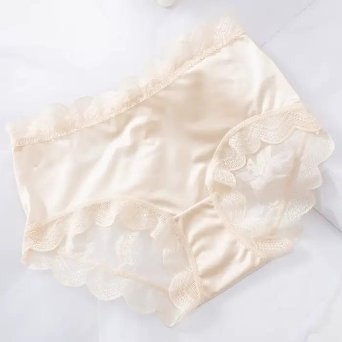Culottes en dentelle florale transparente pour femmes, lingerie tendance, culottes en soie glacée à volants, sous-vêtements féminins ondulés à fleurs pour dames