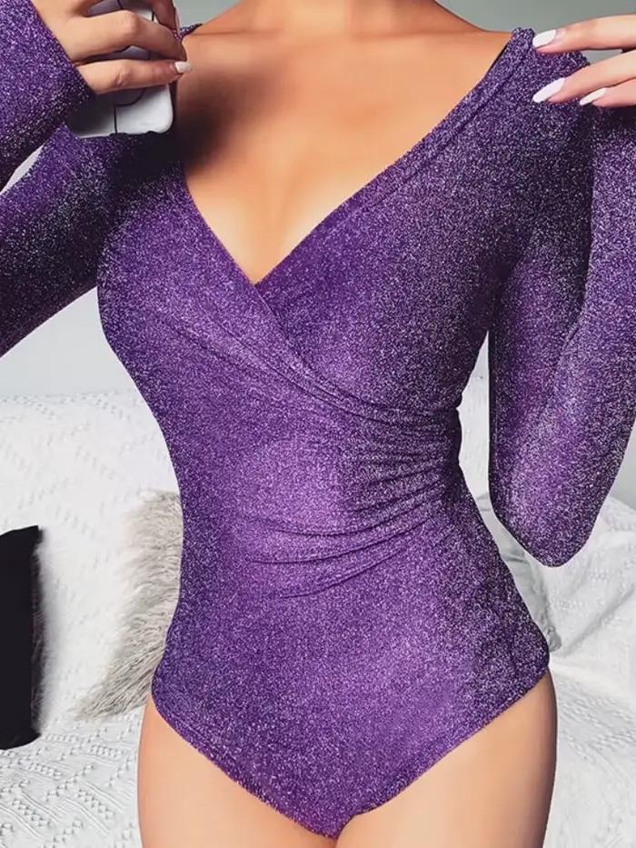 Body une pièce à manches longues et col en v, couleur unie, Lingerie en soie brillante, hauts Sexy pour femmes, tenue Rave, vêtements moulants Y2k
