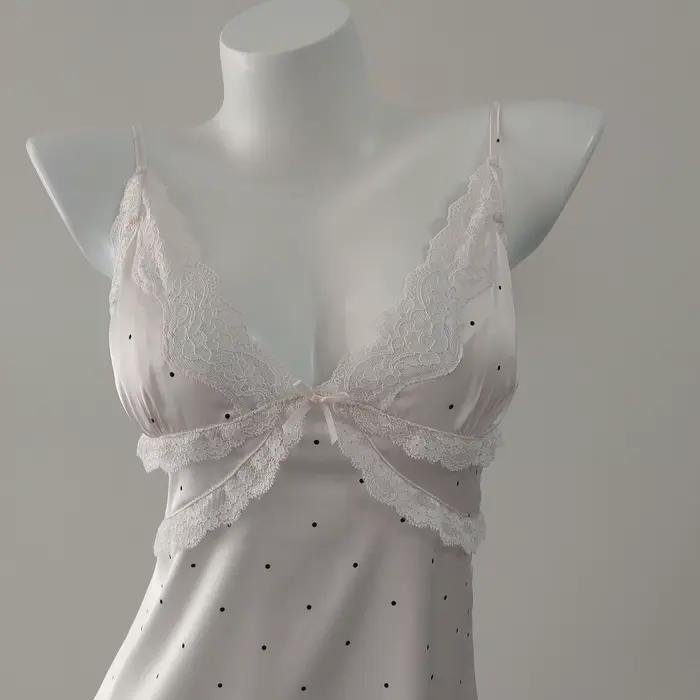 Pyjama de lingerie sexy pour femme, chemise de nuit amincissante d'été en soie glacée à pois et dentelle de haute qualité, tenue d'intérieur