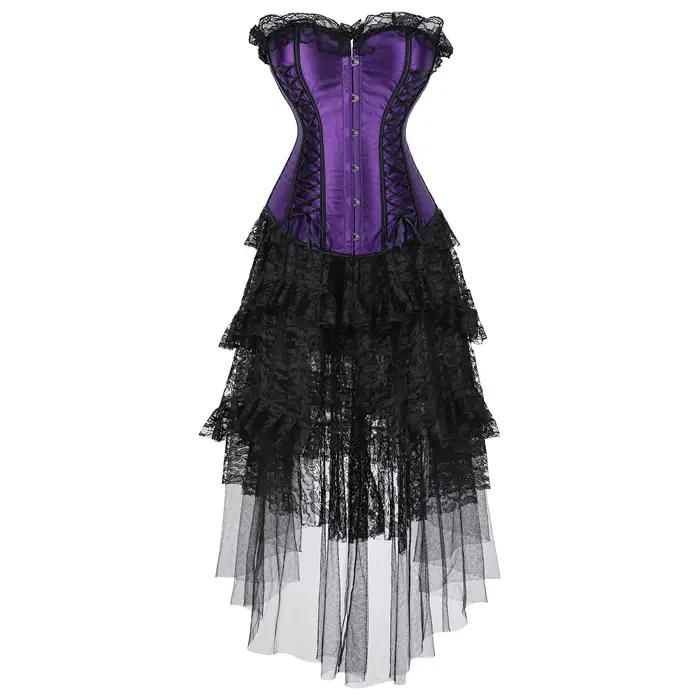 Robe Corset Gothique Sexy en Satin avec Lacets, Corset Steampunk avec Robe, Cosplay Club Violet