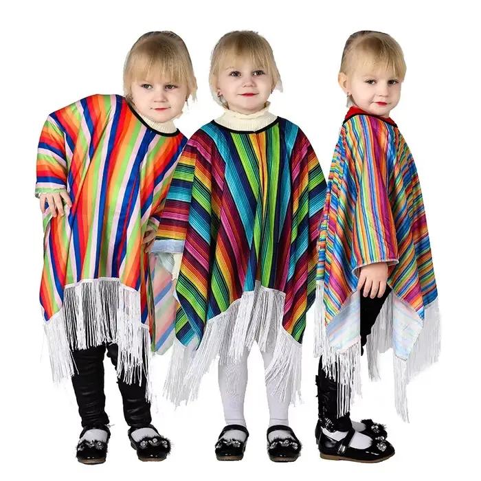 Poncho mexicain pour enfants, cape à rayures colorées avec franges, déguisement d'Halloween pour enfants, fête mexicaine, carnaval, cosplay
