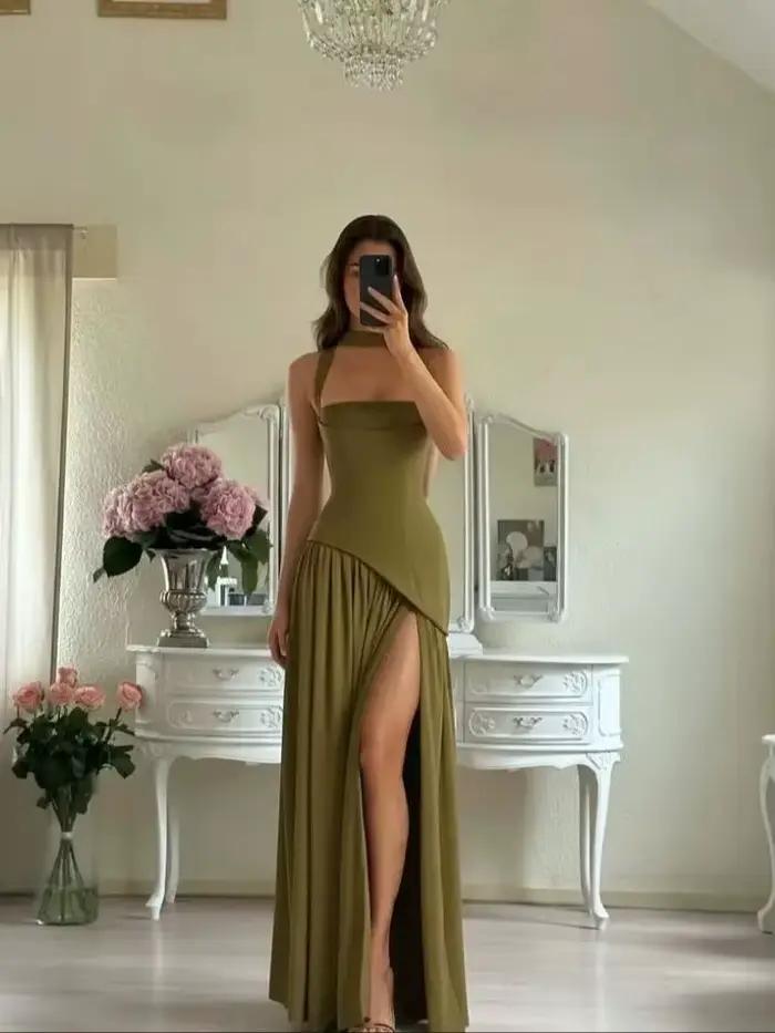 Robe longue élégante à corset et rubans pour femme, style nuisette fendue, pour soirée, demoiselle d'honneur, invitée de mariage, cocktail, vert olive, noir