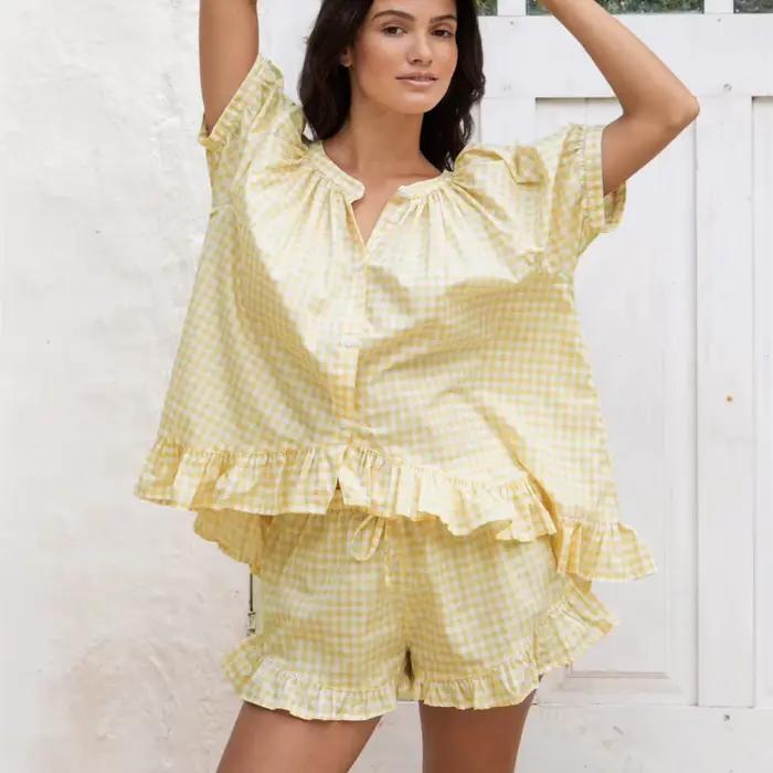 Gaono Ensemble pyjama vichy pour femme Y2K, short à volants à carreaux, manches courtes, chemise boutonnée, short, ensemble de salon